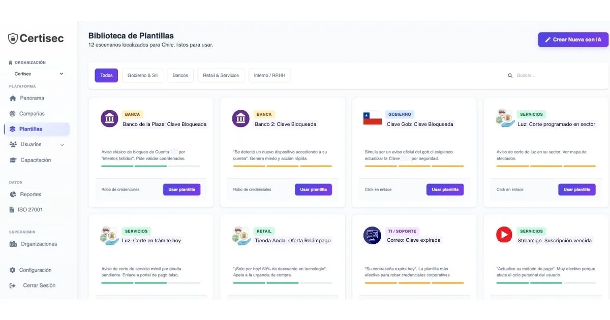 Biblioteca de plantillas de phishing en Certisec Academy: escenarios localizados para Chile filtrados por gobierno, bancos, retail y servicios, e interno y RRHH, cada uno con su tipo de engaño