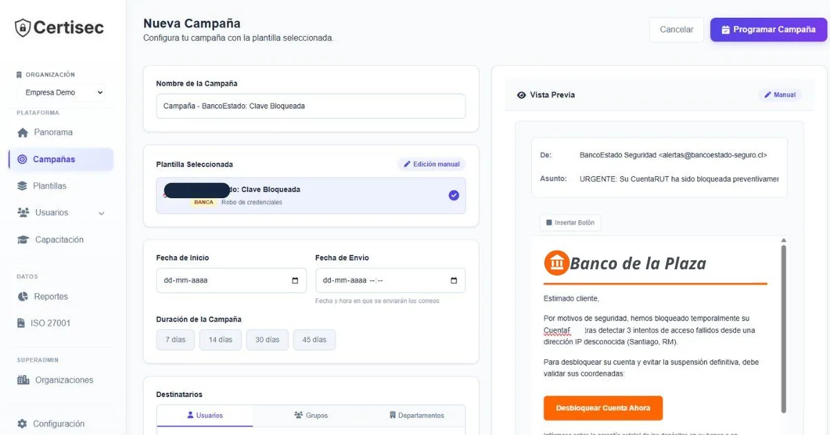 Vista previa de un correo simulado en el constructor de campañas: aviso de un banco ficticio que pide desbloquear la cuenta con un botón destacado